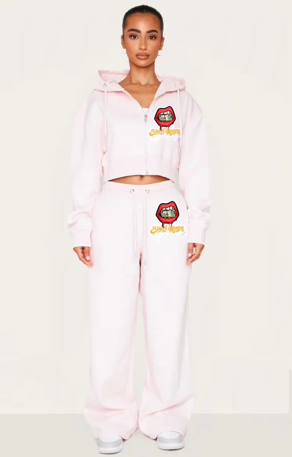 StreetmoneyClothing pink tie waist track suit streetmoneyclothing