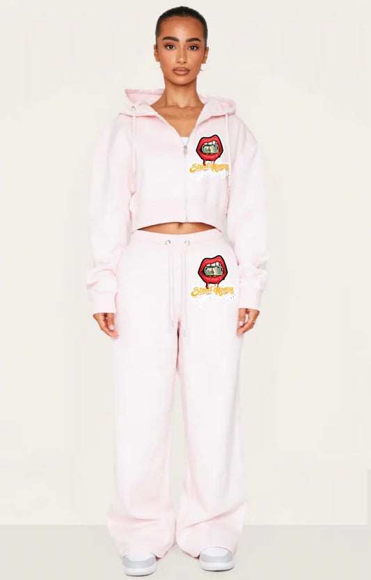 StreetmoneyClothing pink tie waist track suit streetmoneyclothing