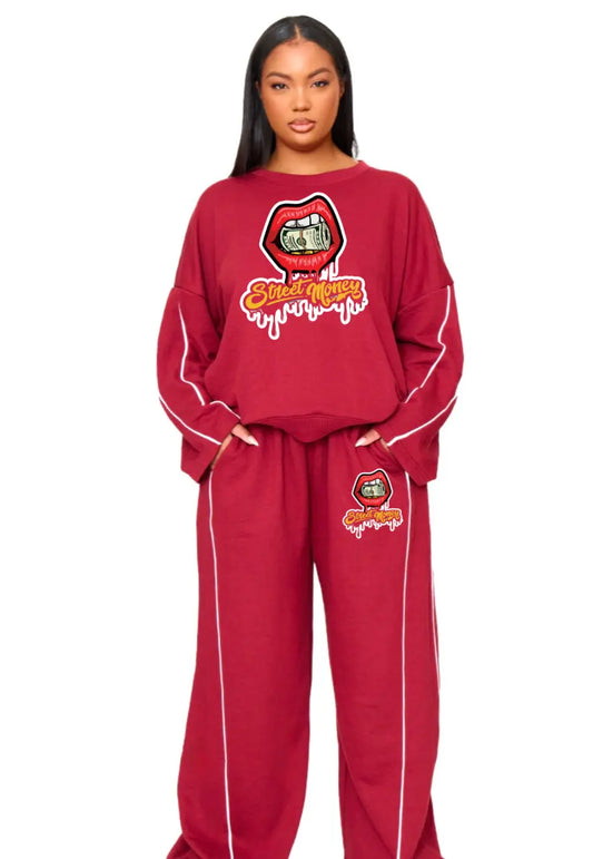 StreetmoneyClothing Plus Dark RED Contrast Piping Detail Sweatshirt - streetmoneyclothing